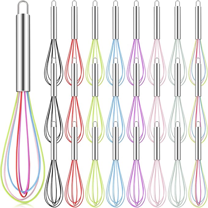 Domensi 24 Pcs 10 Inch Whisks Bulk for Cooking Silicone Whisks Non Scratch Stainless Steel Egg Beater Colorful Coated Metal Heat Resistant Egg Beaters for Mothers Day Party Favor Gift Supplies