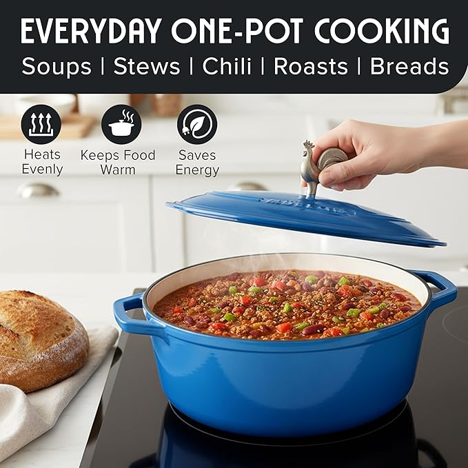 MUELLER HOME 5.5 Quart Enameled Cast Iron Oval Dutch Oven w Rooster Knob & Cotton Potholders, Heavy-Duty Cookware, Oven-Safe up to 500° F & Across All Cooktops, Gifts for Grandma & Women, Aqua Blue
