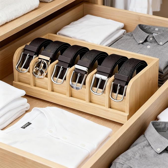 SINJEUN 2 PCS Bamboo Belt Organizer, 6 Compartments Belt Storage Organizer for Closet and Drawer, Belt Display Box for Men Women