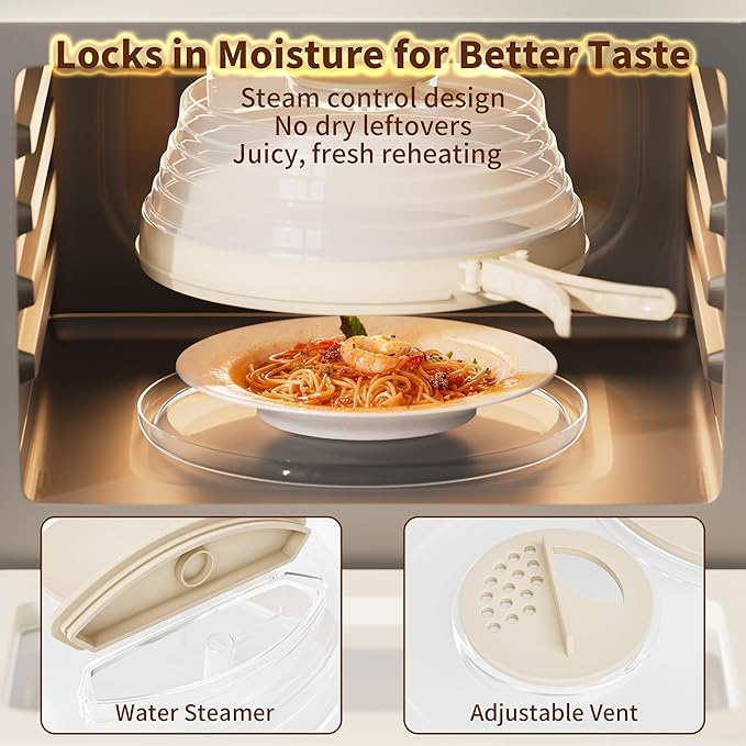 10 inch Microwave Splatter Cover for Food with Water Steamer, Collapsible Plastic & Silicone Microwave Plate Cover with Handle and Anti-Scald Base Plate, Kitchen Cooking Guard, Beige