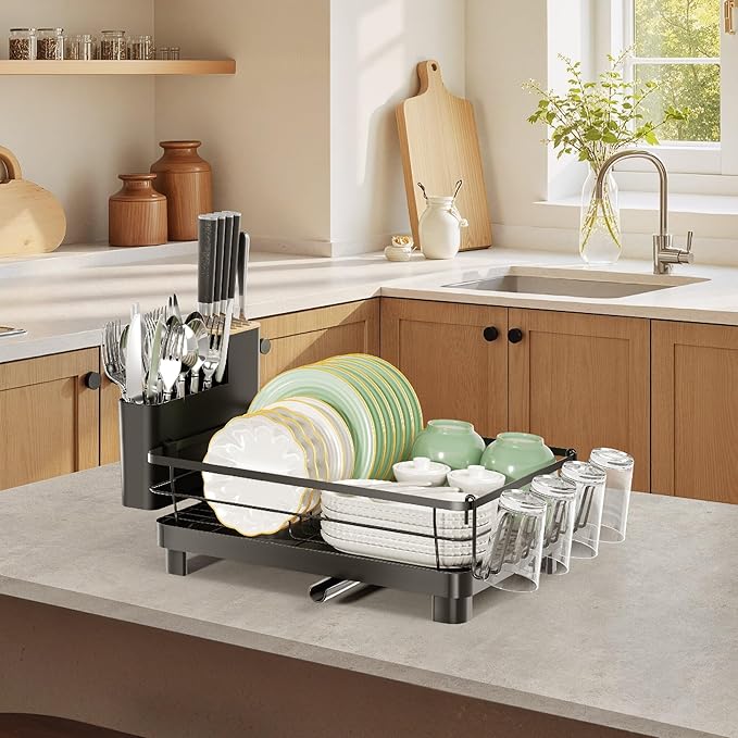 Runnatal Dish Drying Rack, Stainless Steel Dish Rack with Drainboard for Kitchen Counter and Sink, Large Capacity Dish Drainer, Detachable 2-in-1 Utensil Holder, Cup Holder, Black