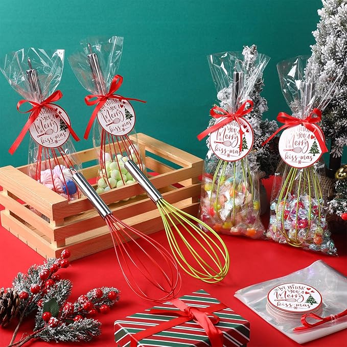 36 Sets 12 Inch Christmas Whisks Gifts DIY Fillable Christmas Tree Ornaments Xmas Colored Silicone Whisks for Cooking Heat Resistant Egg Beaters with Card Rope Bag for Candy Holder