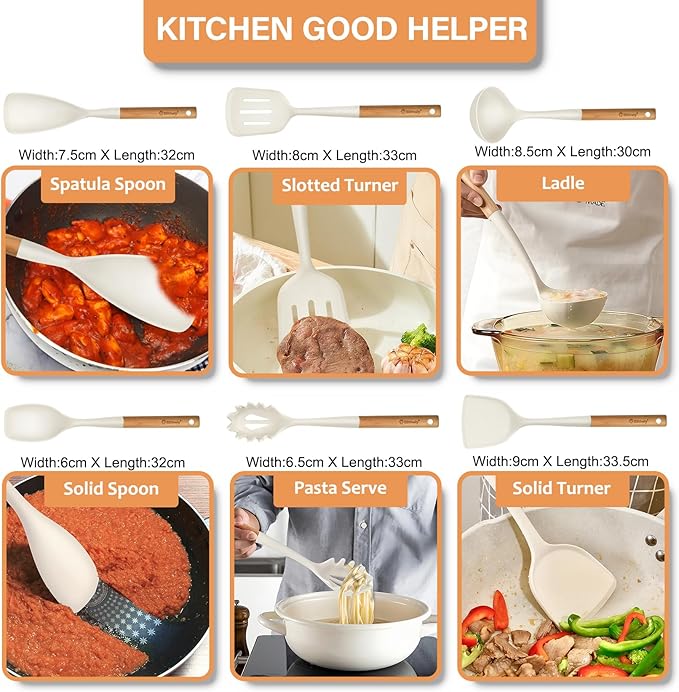 Large Silicone Kitchen Utensils Set, 6 PCS Nonstick Cooking Utensils Set with Wooden Handle, Heat Resistant and BPA Free Silicone Utensil Spatula Set for Cooking with Turner, Spoon and Ladle(White)
