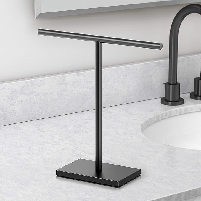 Gatco 1444MX, Modern Rectangle Base Freestanding Countertop Towel Holder, Matte Black / 10.50" W x 11.13" H T-Shape Style Countertop Hand Towel Holder for Bathroom, Kitchen/Fingertip Towel Rack