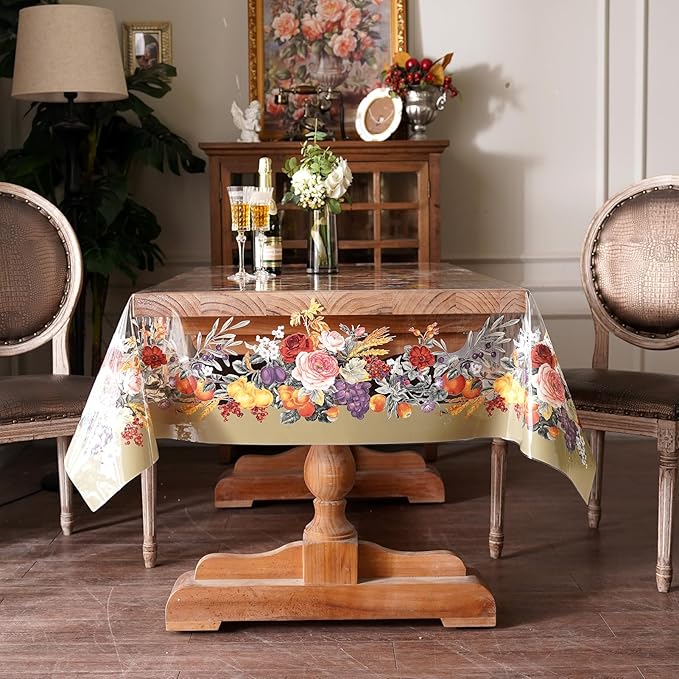 Clear Table Cover Protector Vinyl PVC Rectangle Table Cloth Oil Spill Proof Plastic Tablecloths for Dining Tables Parties Holidays (Floral Fruit, 60 x 84 Inches)