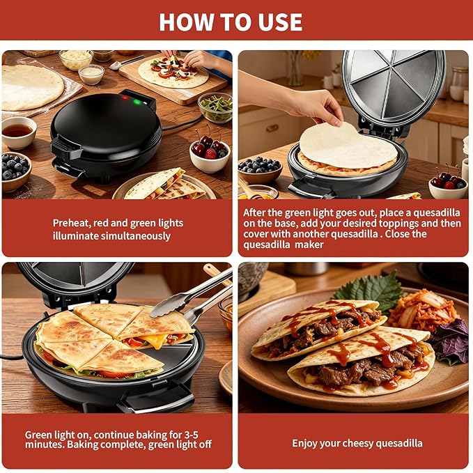 Electric Quesadilla Maker, 9.5'' Quesadilla Press with Extra Stuffing Latch, Easy Slice 6 Wedge, Grilled Cheese Corn Flour Tortilla Snacks, Nonstick Plates, Easy to Clean, Non-Slip Feet, Black