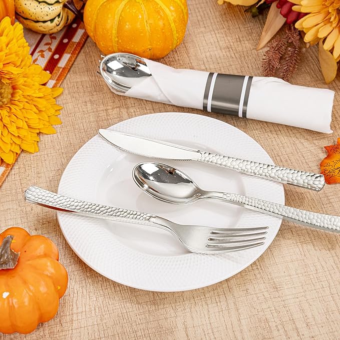 WELLIFE 50 Pack Silver Plastic Silverware with Pre Rolled Napkins,Wrapped Silverware Set Disposable,Includes:50 Forks, 50 Knives, 50 Spoons, 50 Napkins,Utensils Plastic Disposable