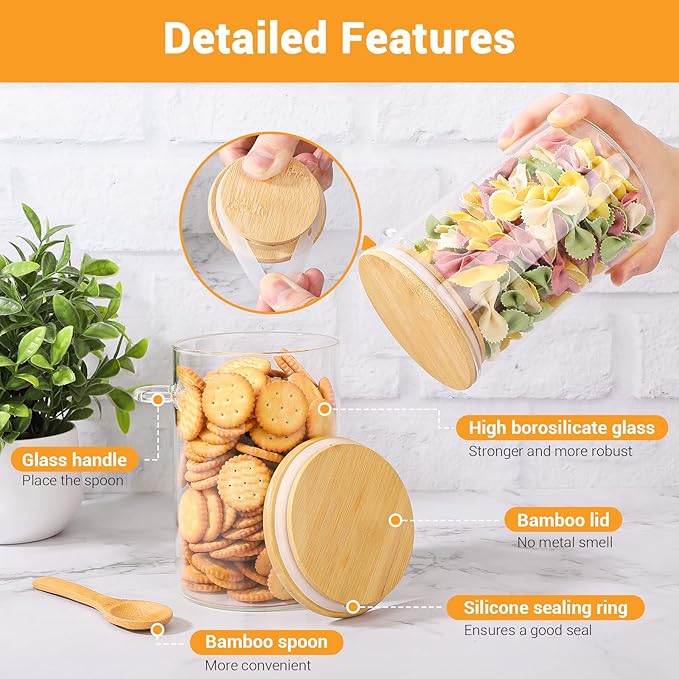 Glass Containers with Bamboo Lids and Spoon - 4 Pack 32 Fl.oz Round Glass Storage Jars Set, Includes Labels and Marker, Kitchen Pantry Container for Loose Leaf Tea, Sugar, Coffee, Cookie, Oats