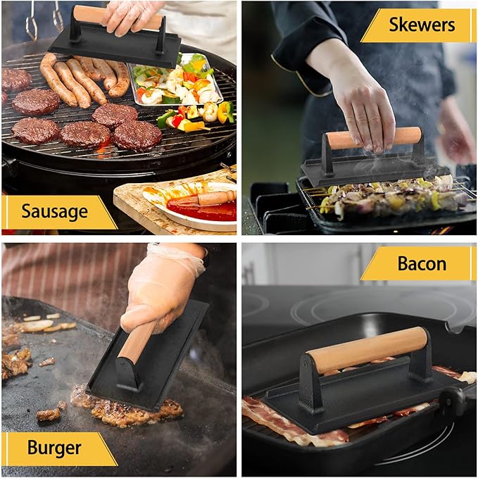 HaSteeL 9x7in Melting Dome & 8x4in Grill Press, Rectangular Basting Steaming Cover & Cast Iron Burger Bacon Press, Heavy Duty Griddle Tools Accessories for Flat Top Grilling Barbecue, Indoor & Outdoor
