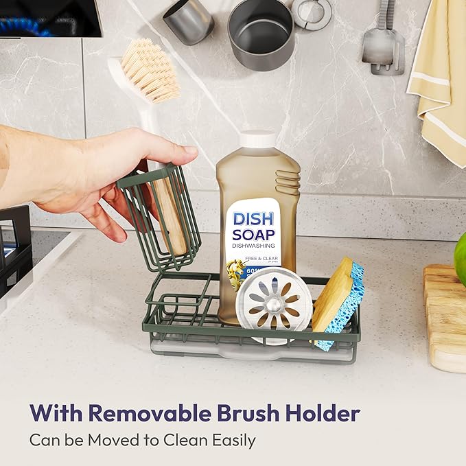 SWTYMIKI Sink Caddy Sponge Holder - Kitchen Sink Organizer with High Brush Holder for Countertop to Hold Dish Soaps and Sponges, Stainless Steel, Green