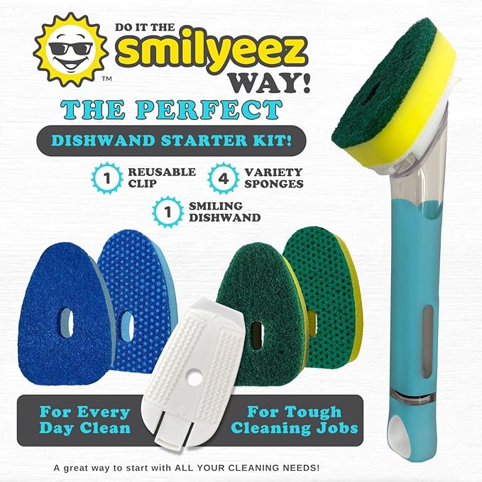 The Original Smiling Handle with Soap Dispensing for The Smiling Sponge with Smilyeez Caddy, Dishwand with Sponges, and 2 Scrub Mojis (Black)