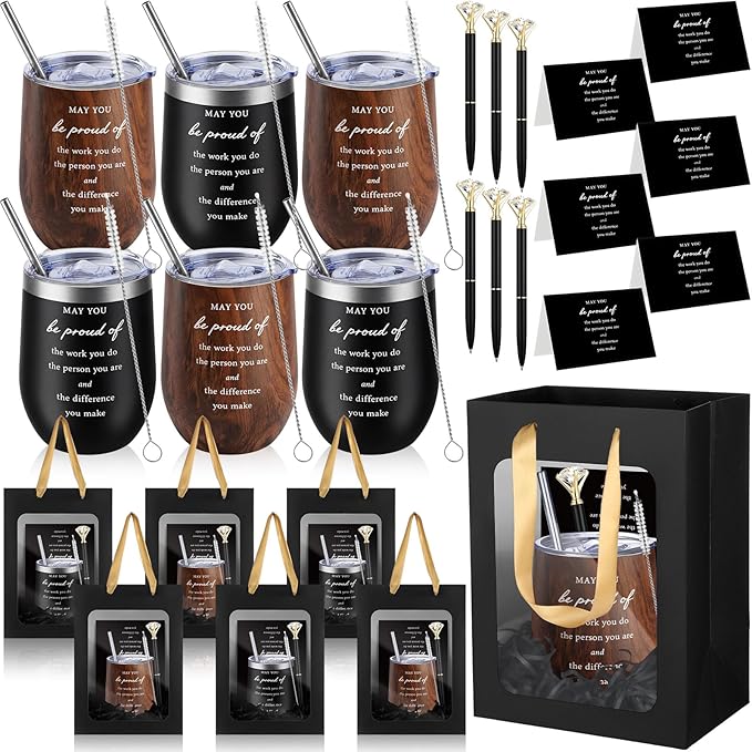Patelai 30 Pcs Thank You Gift Set for Colleague 12oz Stainless Steel Coffee Mug Wood Grain Cups with Lid and Straw Pens Card Bags Set for Coworker Fathers Day Husband Male Friends Staff