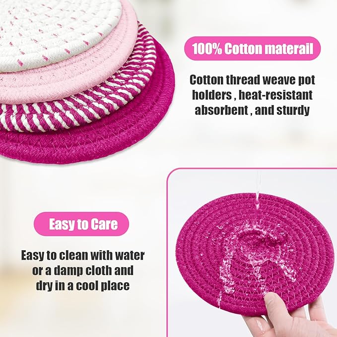 Trivets for Hot Dishes, Hot Pads for Kitchen, 7'' Trivets for Hot Pots and Pans, Pot Holders for Kitchen, Pot Holders Heat Resistant 4-Pcs, Kitchen Essentials for New Home (Pink)