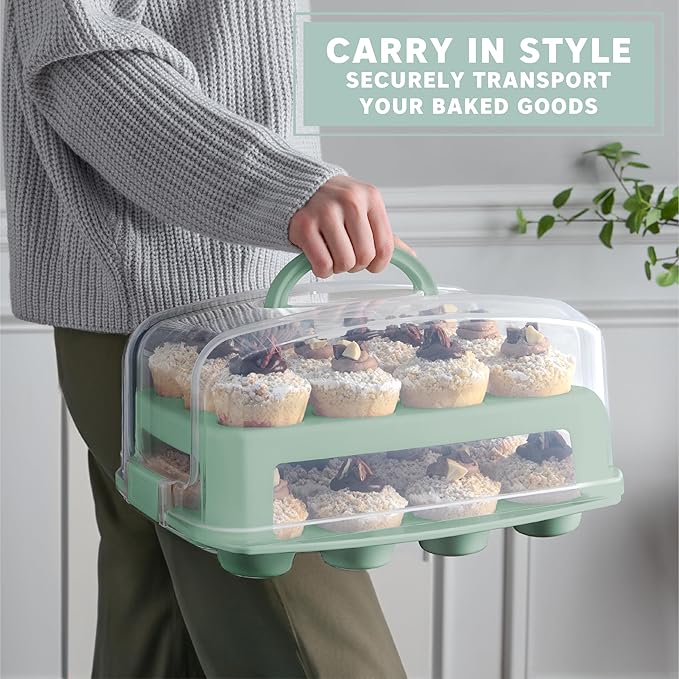 MosJos EXTRA TALL DOME 24 Cupcake Carrier, Green Cupcake Holder Carries 24 Cupcake Storage Container, Muffin Traveler Two Tier Stand Reusable Cupcake Box