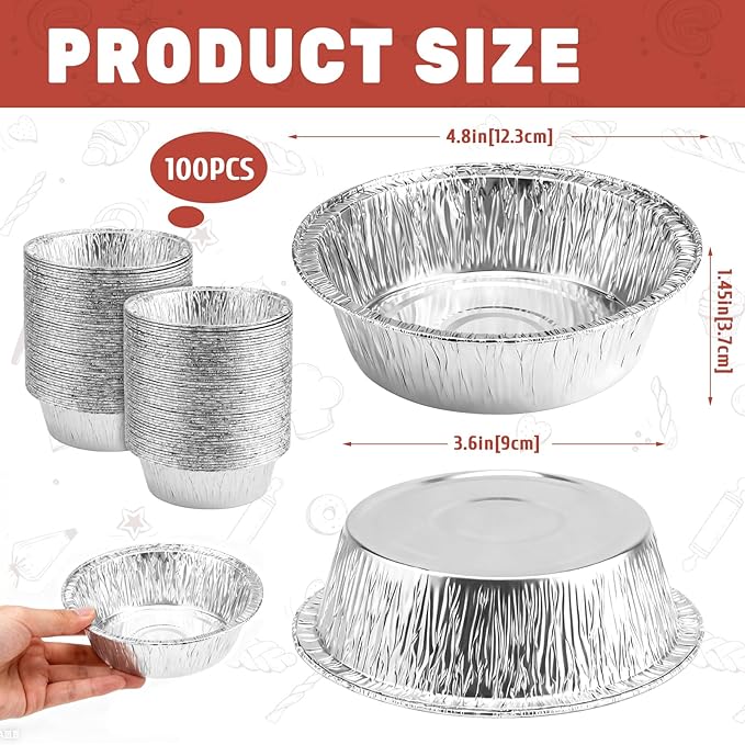 100 Pack 5" Round Tart Pie Foil Pans Disposable Aluminum Foil Tart & Pie Tins for Baking,Cooking,Storage or Reheating