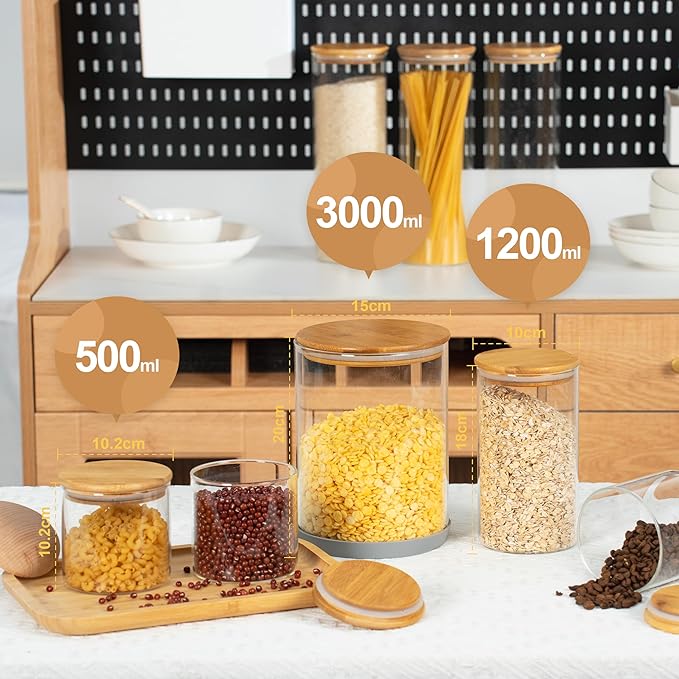 D2scrma 22oz Straight cylindrical Airtight Storage Jars with Bamboo Lid Set of 6 Storage Container Stackable Spice Jar, Kitchen Canister for Sugar, Tea, Cookies and Coffee beans (with Black Lable)