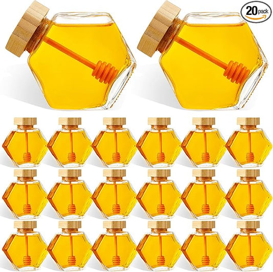 Sunnyray 20 Pcs Glass Honey Jars with Dipper Hexagonal Clear Glass Dispenser Small Honey Containers Bottle with Wooden Dipper and Cork Lid for Home Storage Kitchen (100 ml)