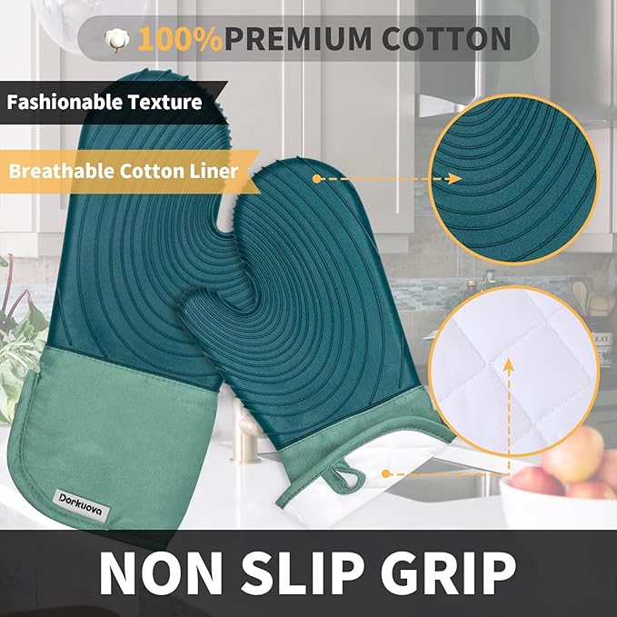 Silicone Oven Mitt Pack,Cotton Lined Gloves, BPA-Free, Long Cooking Mitts and Trivet Mats, Silicone Grilling Gloves for BBQ, 2 Pieces, (Green)