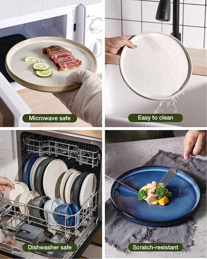 Famiware Star Dinnerware Set with Pasta Bowls, Service for 6 (24 Pieces), Ribbed Stoneware Plates and Double Bowls Sets - Chip & Scratch Resistant, Microwave & Dishwasher Safe Dishes, Cappuccino White
