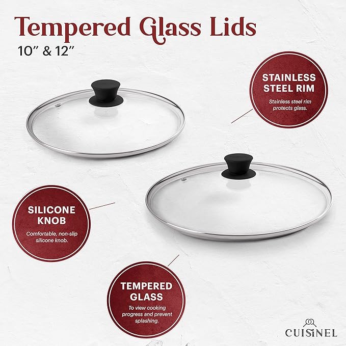 Glass Lids Set with Steam Vent Hole - 10"+12-Inch/25.4cm+30.48cm - Compatible with Lodge Cast Iron Skillet Pans - Oven Safe Fully Assembled Tempered Universal Replacement Cover - Reinforced Steel Rim