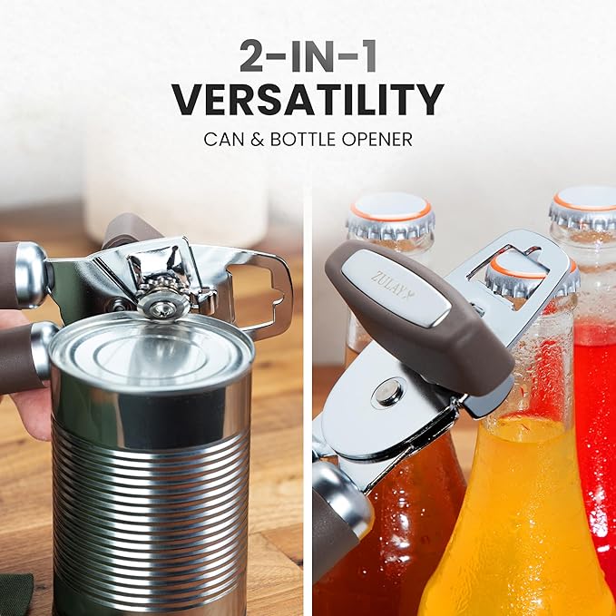 Zulay Kitchen Heavy Duty Stainless Steel Can Opener Manual with Bottle Opener - Rust Proof Manual Can Opener With Turn Knob & Comfy Soft Grip Handles - Brown