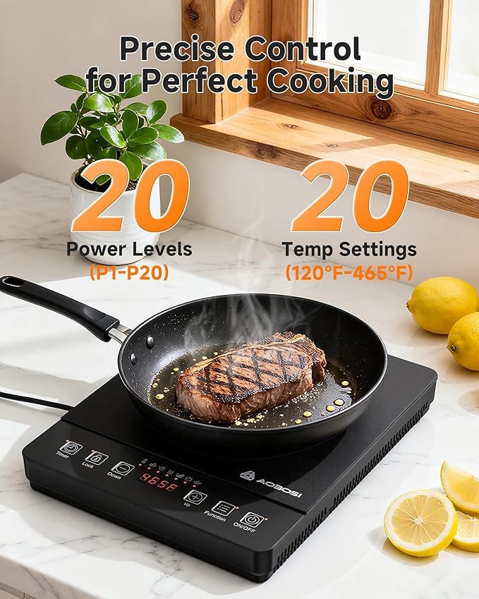 Portable Induction Cooktop 20 Temperature & Power Levels,1800W Single Burner Electric Cooktop with 6.8 inch Heating Coil,Low Noise Hot Plate with Timer