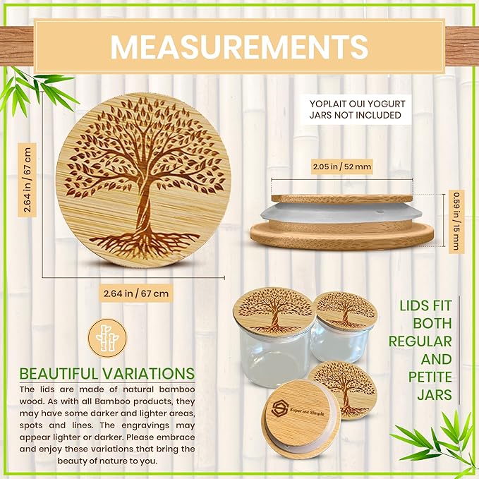 Oui Yogurt Jar Lids – Choose a Design, 4-24 Pieces, Bamboo, Silicone, or Stainless Steel | Tops That Fit Yoplait Oui Glass Jars | Bamboo Oui Jar Covers | Oui Yogurt Storage Lids - Tree of Life 4 pack
