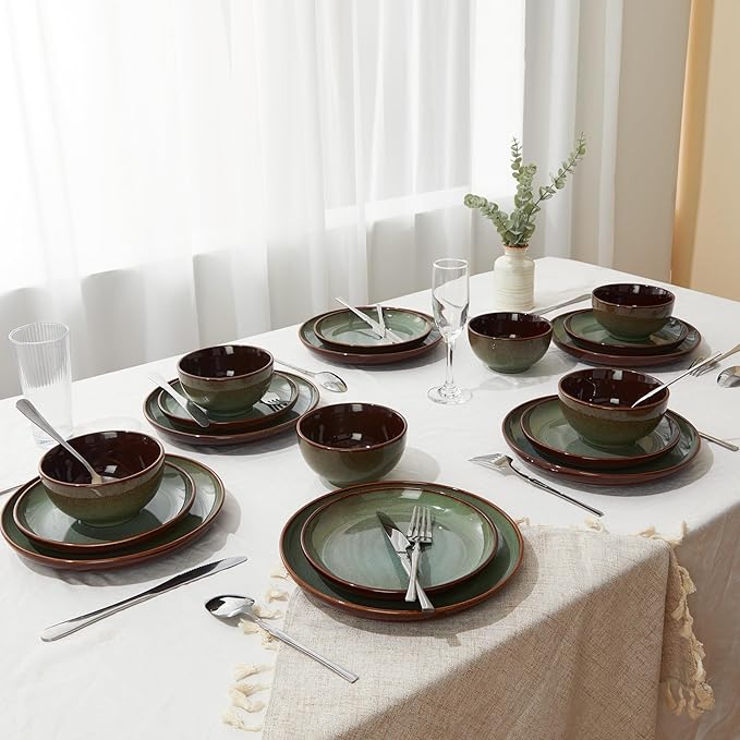 Pokini 24 Piece Double Bowl Dinnerware Sets with Pasta Bowls, Highly Chip and Crack Resistant Plates and Bowls Sets, Natural Earthyware Ceramic Dishware Sets, Service for 6 Sage Green