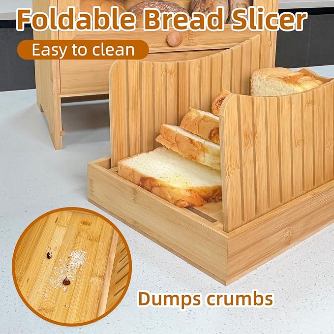 Bamboo Bread Box for Kitchen Countertop & Dining Room,Wooden Storage with Display Compartment & Built-in Bread Slicer,Eco-Friendly Organizer for Homemakers, Bakers & Bread Lovers ﻿