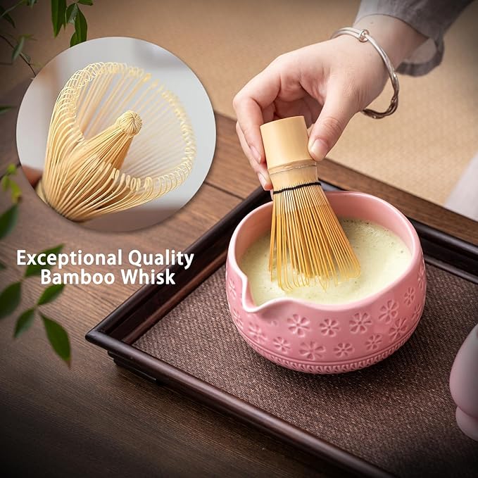 Buucup Matcha Whisk Set, Ceramic Matcha Kit Set Includes Matcha Bowl, Matcha Whisk and Holder, Bamboo Scoop, Scoop Rest, Sifter and Tea Towel - 7 Pcs Matcha Kit for Matcha Lovers (Pink)