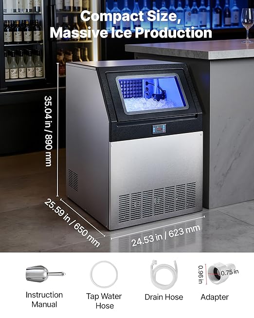VEVOR Commercial Ice Maker Machine, 440 lbs/24h with 85 lbs Storage Capacity, Built-in/Freestanding/Under Counter, Stainless Steel Ice Maker with LED Display & Self-Cleaning, for Home Bar Restaurant