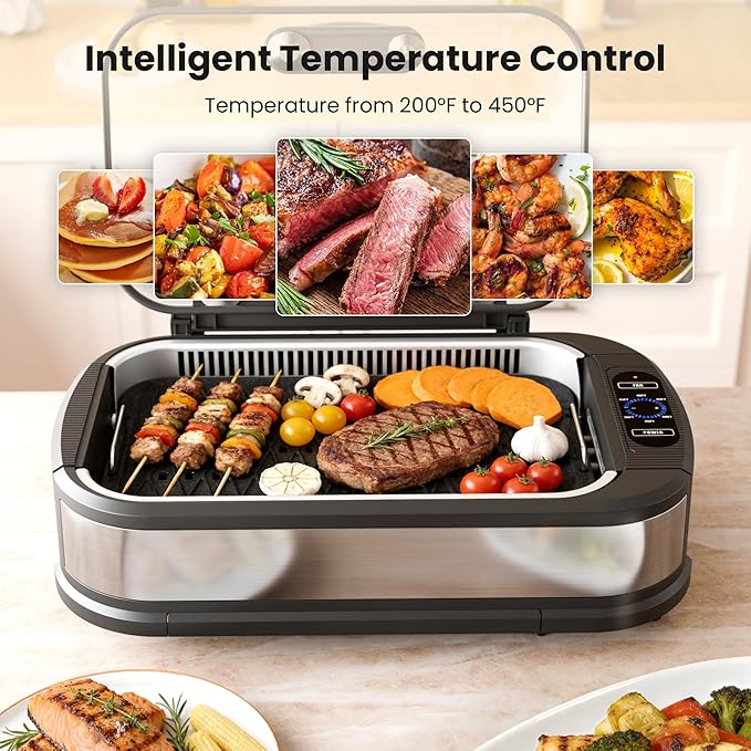 Kismile Smokeless Indoor Grill, 1500W Electric Grill Indoor with Tempered Glass Lid, Non-Stick Korean BBQ Grill with 6-Level Temp Control, Dual-Turbo Smoke Extractor, Drip Tray & Dishwasher-Safe Parts