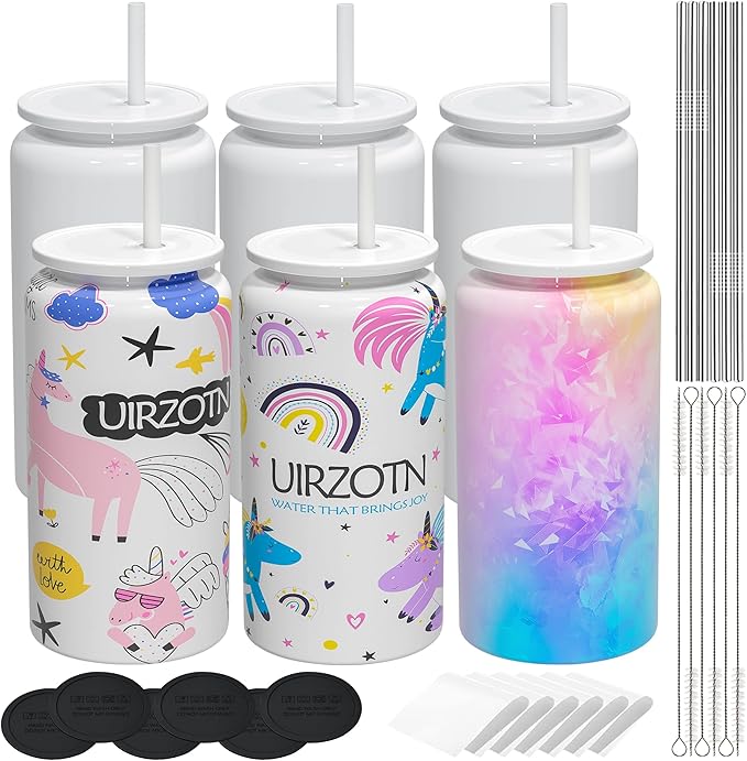 6 Pack Glass Cups with Lids and Straws, 16oz Stainless Steel Sublimation Tumbler, Beer and Iced Coffee Cups, Smoothie Cup for Whiskey, Soda, Tea, Water