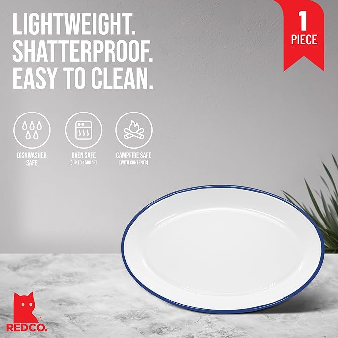 Red Co. Enamelware Metal Classic 13" Serving Oval Tray Platter, Solid White/Navy Blue Rim