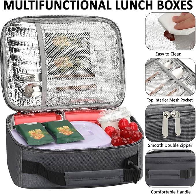 Lunch Box Kids Insulated Lunch Bag for Boys Girls Cute Reusable Lunch Tote Bag Waterproof Portable Thermal Lunch Box Kids for School Picnic Travel Grey