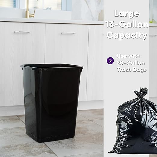 Superio Large Kitchen Trash Can 13 Gallon, 52 Qt Unlidded Waste Bin Only for Kitchen, Garage, Indoor and Outdoor Trash Can, Black