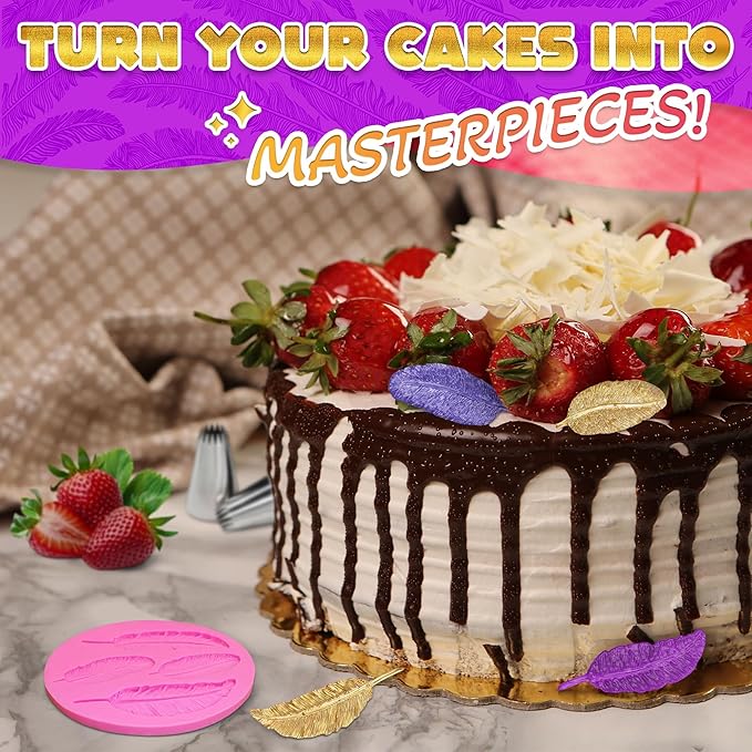 Feather Mold Silicone – Feather Chocolate Mold – 0.3" Thick Pink 3D Design, Different Sizes of Feathers, Easy to Use, Flexible & Reusable, Works with Various Materials | for Pastry Cake Decorations