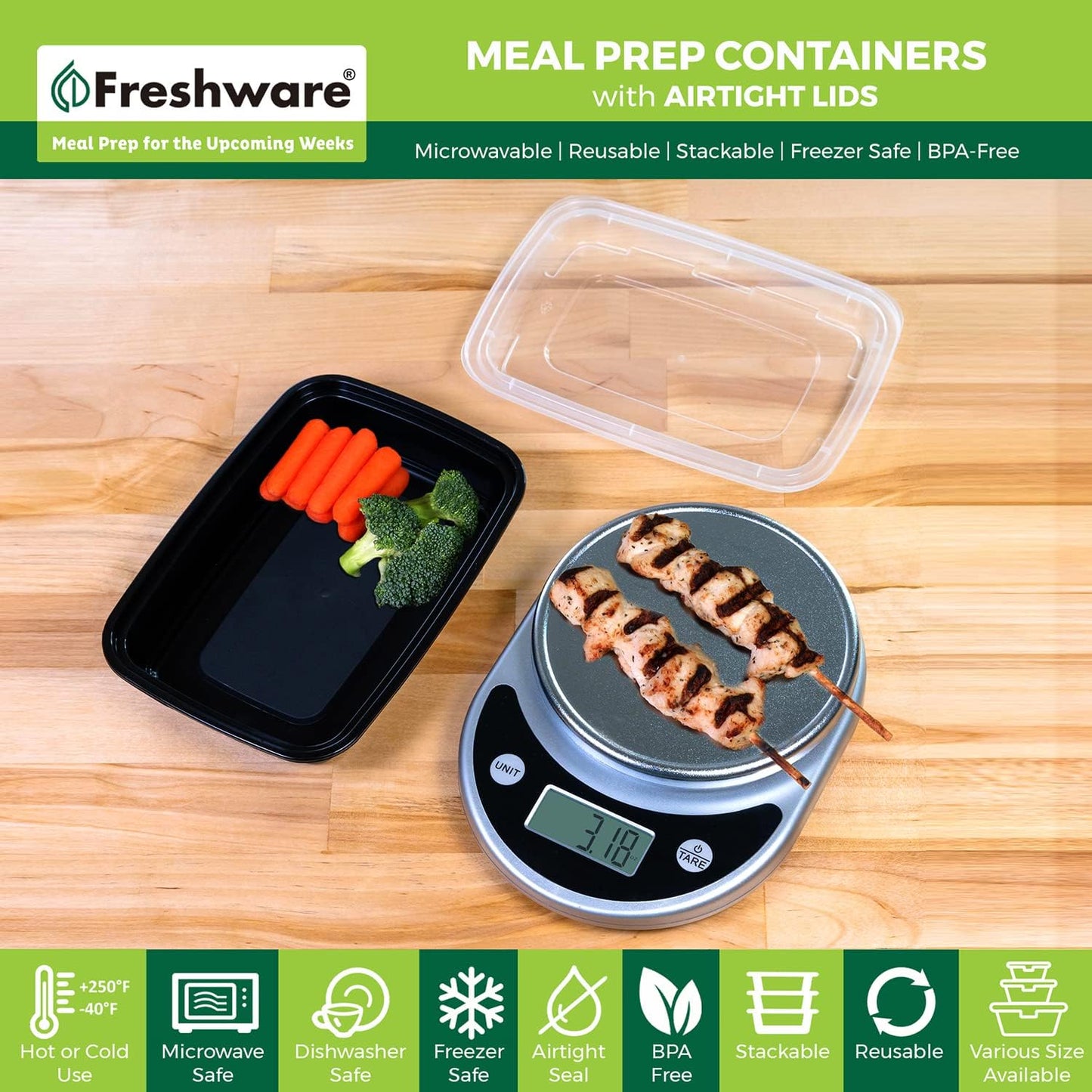 Freshware Meal Prep Containers [150 Pack] 1 Compartment with Lids, Food Storage Containers, Bento Box, BPA Free, Stackable, Microwave/Dishwasher/Freezer Safe (16 oz),Black