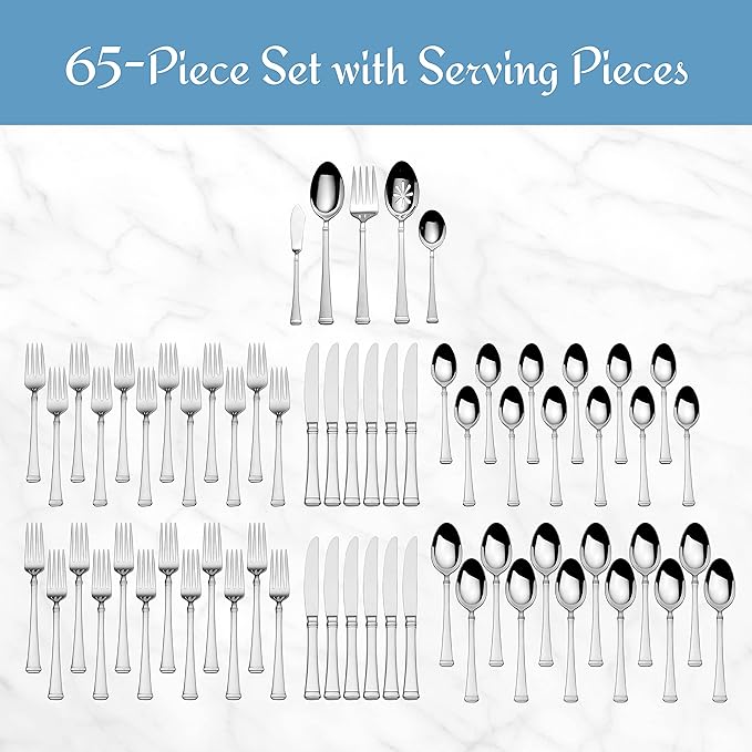 Mikasa Harmony 65-Piece 18/10 Stainless Steel Flatware Set, Service for 12, Polished Silverware with Serving Utensils, Dishwasher Safe