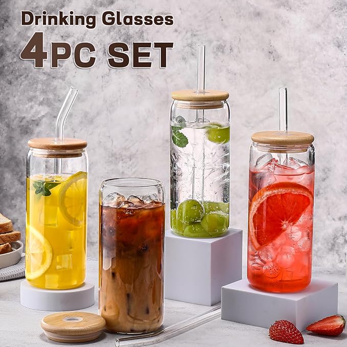 DWTS DANWEITESI Glass Cups “20oz”,Glass Cups with Lids and Straws 4 pcs-Coffee Cups,Drinking Glasses Set,Glass Tumbler with Straw and Lid Gift 2 Cleaning Brushes