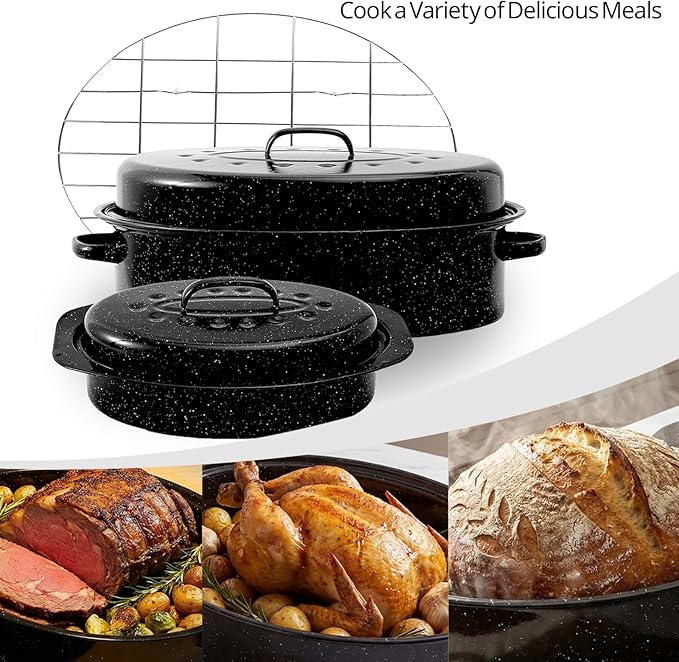 Enamel Roaster Pan With Lid and Rack Set 13"19"Granite Roasting Pans, Oval Large Turkey Baking Pan Suitable for Cooking 20lb Poultry and Beef High Temperature Resistance Oven Cookware