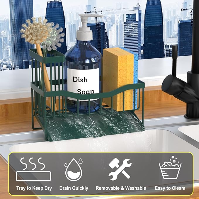 Maifan Sink Caddy Sponge Holder for Kitchen with Brush Holder and Stainless Steel Self Drain Tray, Rustproof Kitchen Sink Organizer for Sponge, Soap Dispenser Storage Accessories Dark Green