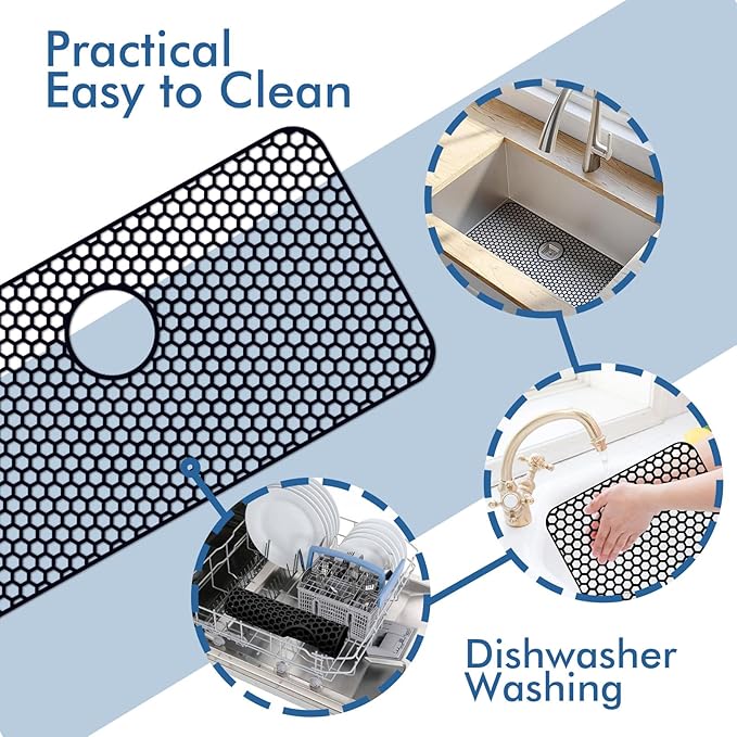 Bestjing Silicone Sink Protectors for Kitchen Sink with Rear Drain - 29.7"x 15.5" Kitchen Protector Accessory, Non-Slip Heat Resistan Mat for Bottom of Farmhouse Stainless Steel Porcelain (Black)