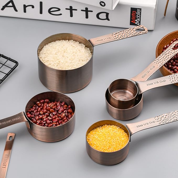Measuring Cups and Spoons Set, Copper Measuring Cups and Spoons Set, 6 Copper Plated Measure Cups and 7 Metal Measure spoons and 1 Leveler for Kitchen & Baking