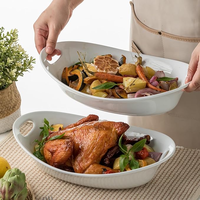 YHOSSEUN Large Serving Bowl with Handles, 1.5 Quarts Oval Serving Platter for Turkey, Thanksgiving Serving Dishes for Entertaining, Ceramic Salad Bowls Set of 2 White
