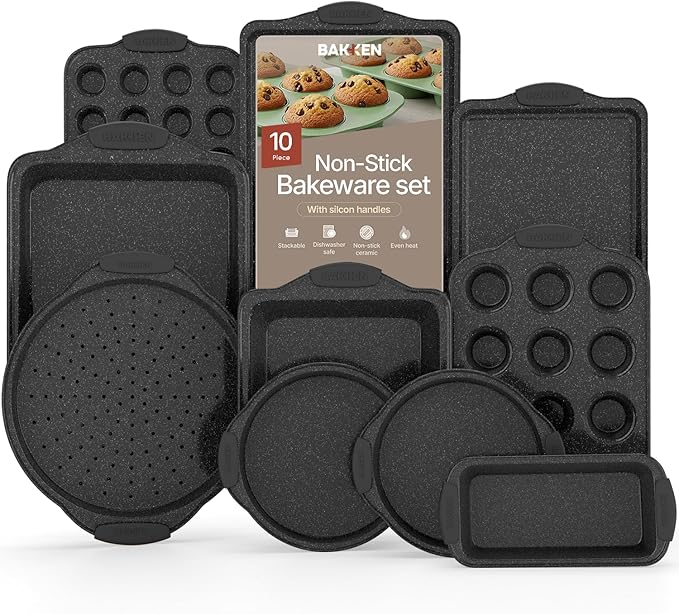 BAKKEN Kitchen Baking Pan Set - Nonstick Coating, Carbon Steel Bakeware Sets with Gray Silicone Handles, Baking Kitchen Essentials, PFOA, PFOS, PTFE Free, Oven Safe Tray (Up To 450° F), Set of 10