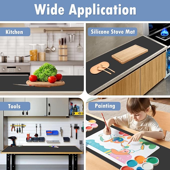 47 * 23.6" Silicone Mat, Heat Resistant Mats for Countertop, Cuttable Waterproof Kitchen Counter Protector Mat, Nonstick Waterproof Craft Table Placemat (Black)