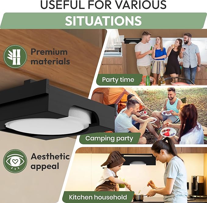 10 inch Paper Plate Dispenser Holder Bamboo Under Cabinet Vertical Rack for Kitchen Countertop Organizer Space Saver Shelf Lid Holder Counter Storage Can Dispenser Pantry Aid Caddy Estante (Black)