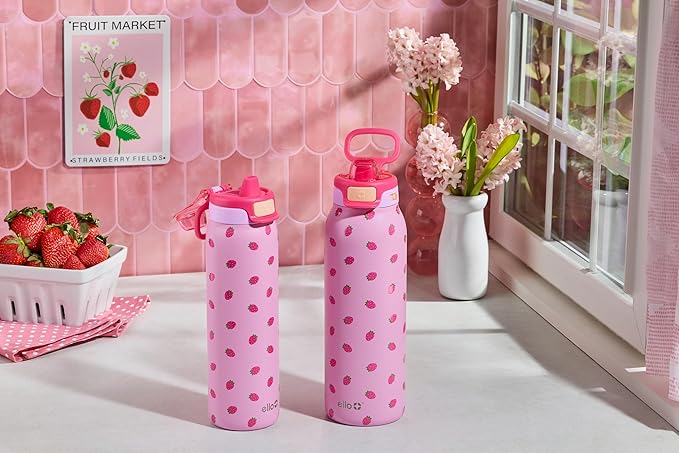 Ello Pop & Fill 32oz Stainless Steel Water Bottle with QuickFill Technology, Double Walled and Vacuum Insulated Metal, Leak Proof Locking Lid, Straw and Chug, Reusable, BPA Free, Strawberries