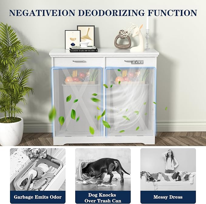 TOLEAD Tilt Out Trash Can Cabinet, 10 Gallon Kitchen Trash Cabinet Hidden Trash Can with Deodorizing & Negative Ion Pet Proof for Kitchen,Dining Room, Living Room,Double White